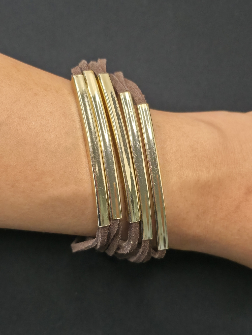 Artisan Gold Bar Brown Suede Multi-Strand Wrap Bracelet 8"